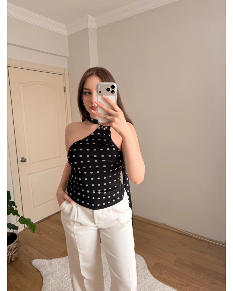 Puantiye Desenli Fularlı Tül Bluz