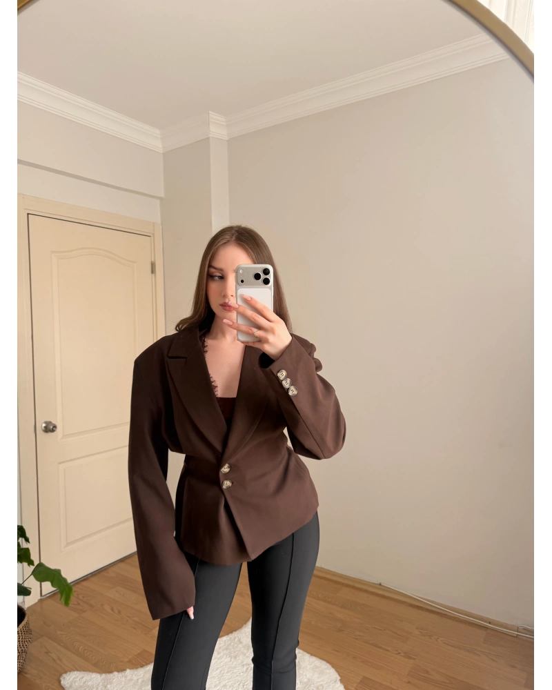 Pileli Belden Oturtmalı Kahve Blazer Ceket