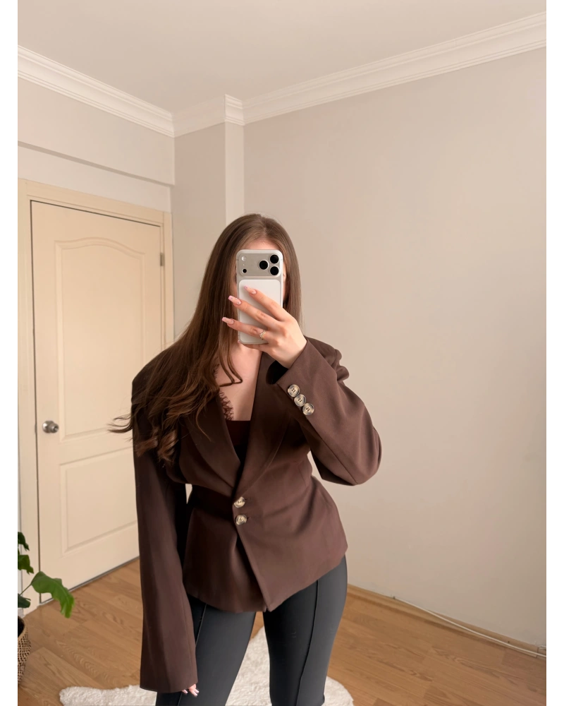 Pileli Belden Oturtmalı Kahve Blazer Ceket