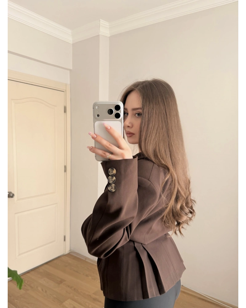Pileli Belden Oturtmalı Kahve Blazer Ceket