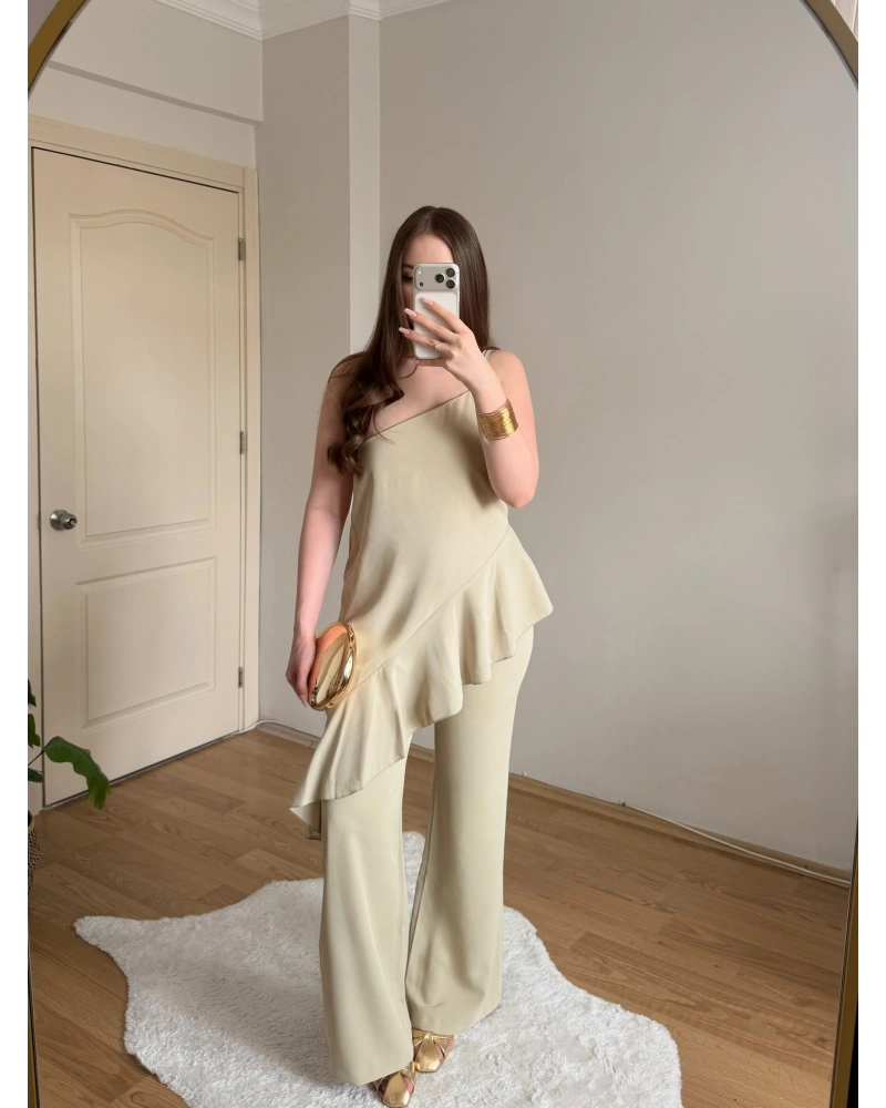 Fırfırlı Çağla Yeşili Tek Askılı Bluz