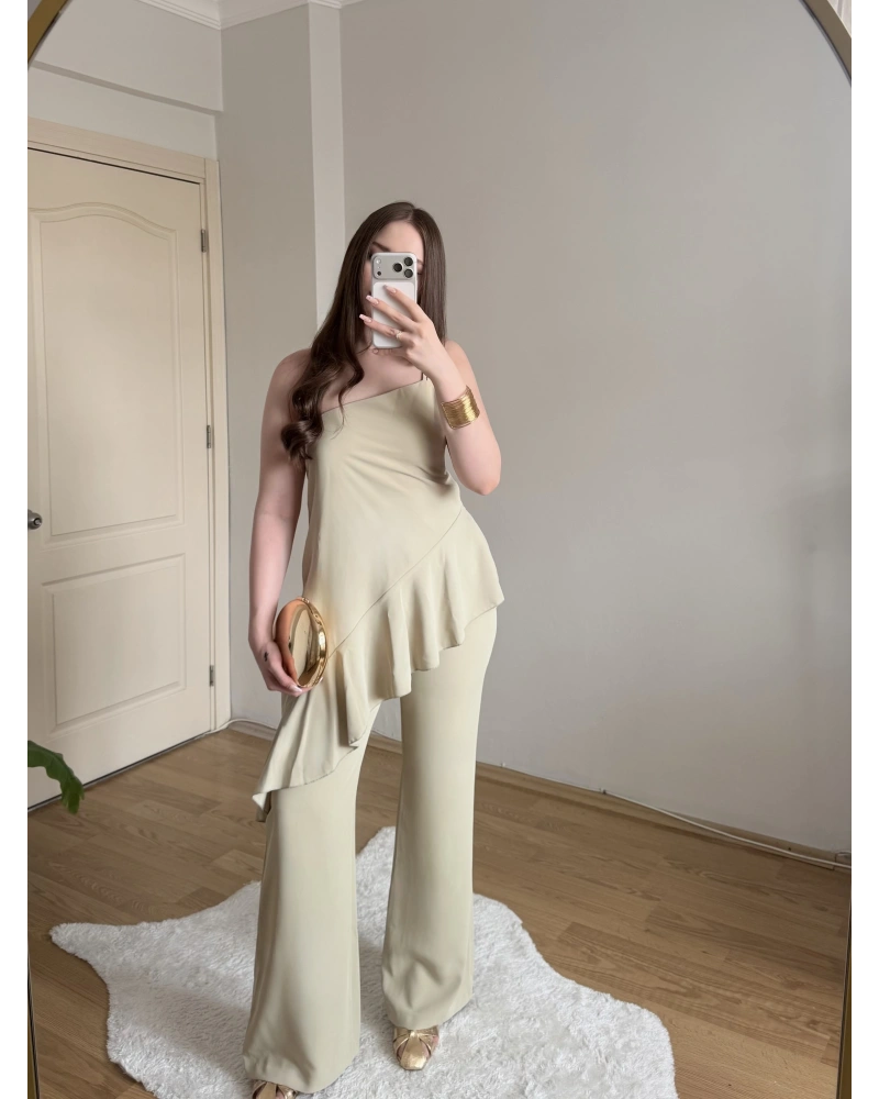 Fırfırlı Çağla Yeşili Tek Askılı Bluz