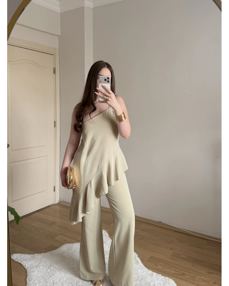 Fırfırlı Çağla Yeşili Tek Askılı Bluz