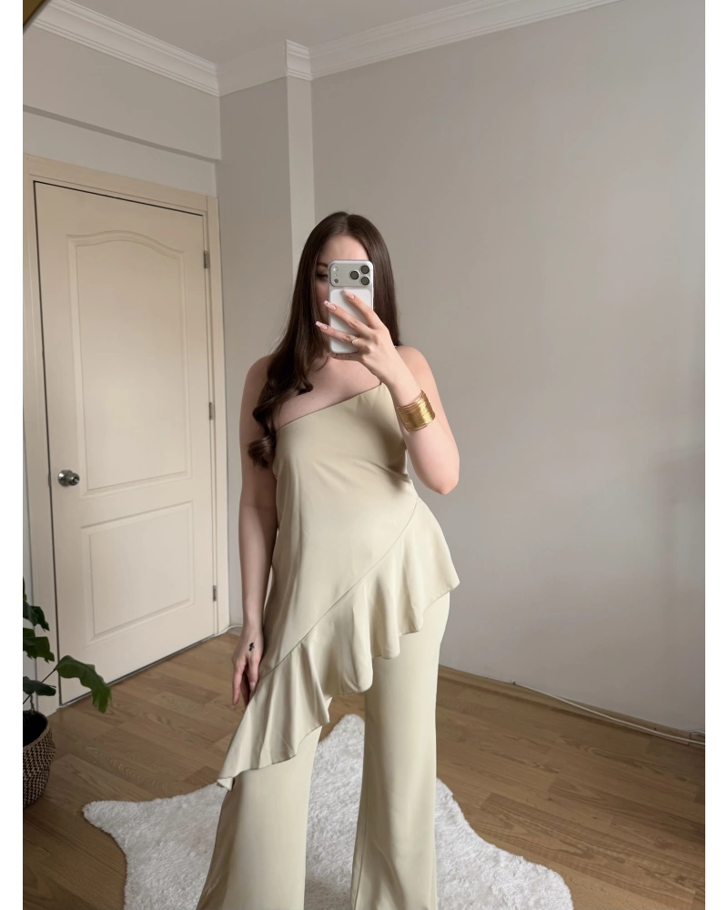 Fırfırlı Çağla Yeşili Tek Askılı Bluz