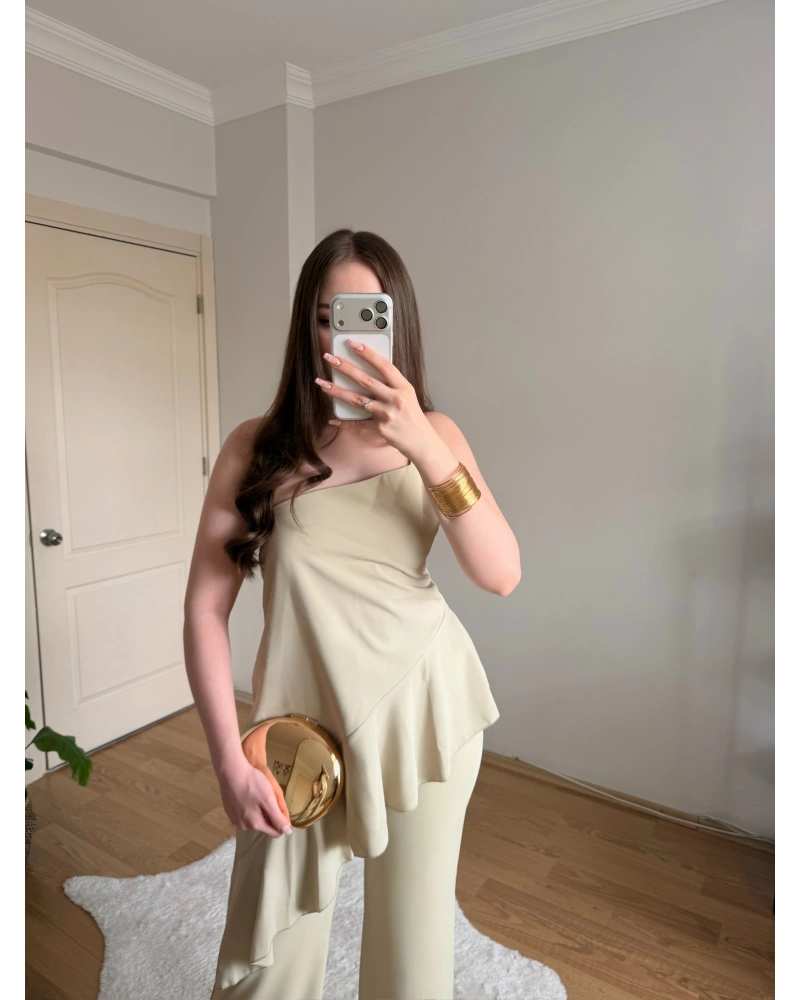 Fırfırlı Çağla Yeşili Tek Askılı Bluz