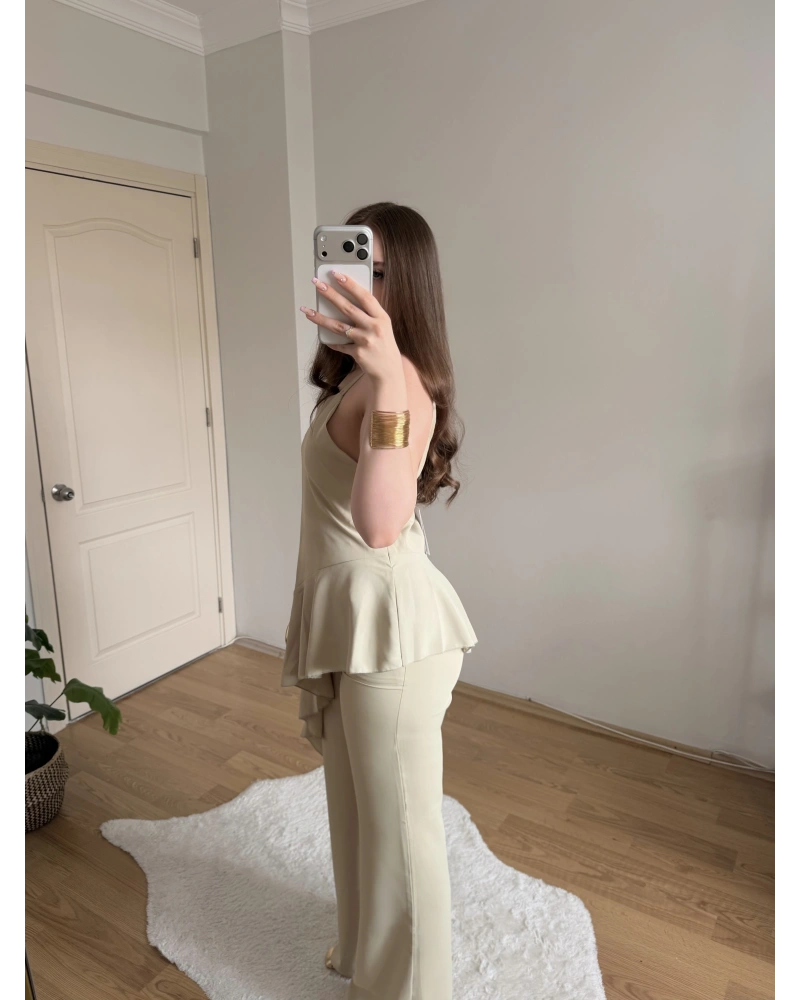 Fırfırlı Çağla Yeşili Tek Askılı Bluz