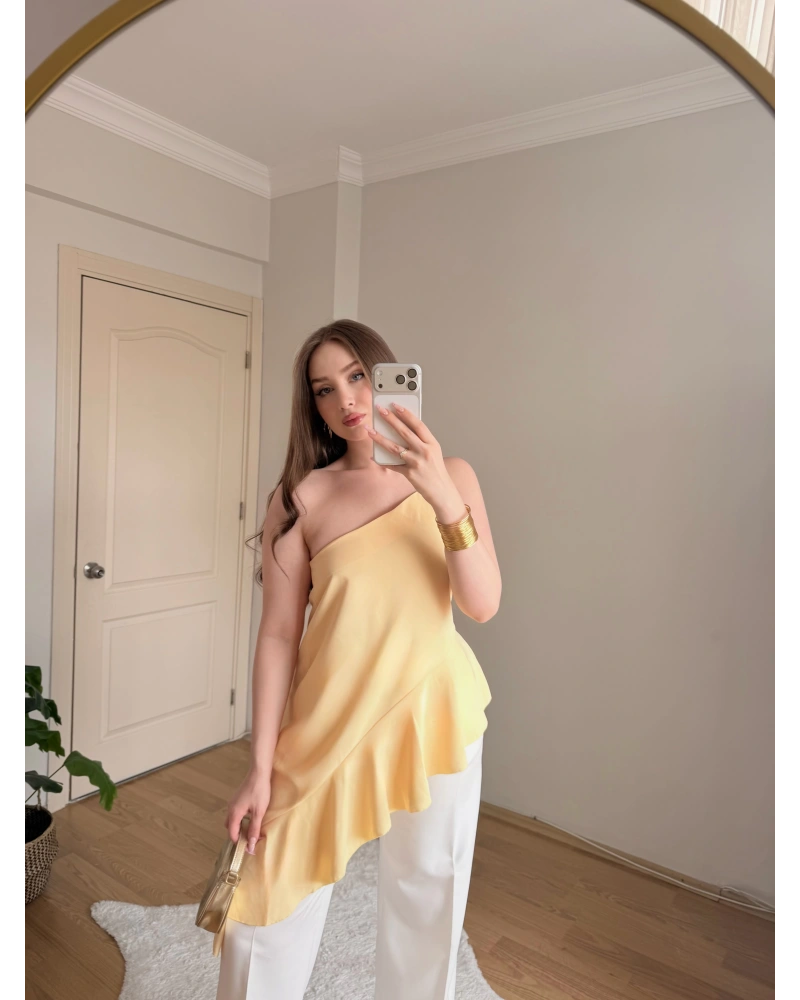 Fırfırlı Sarı Tek Askılı Bluz