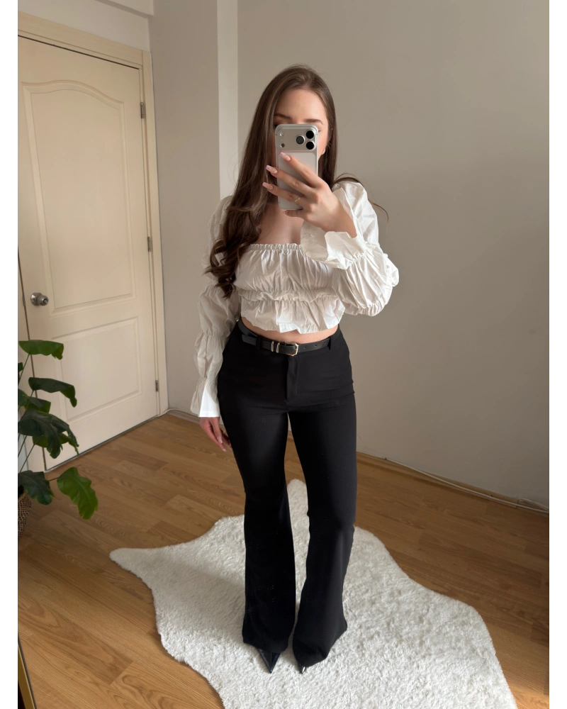 Kemerli Siyah İspanyol Paça Pantolon