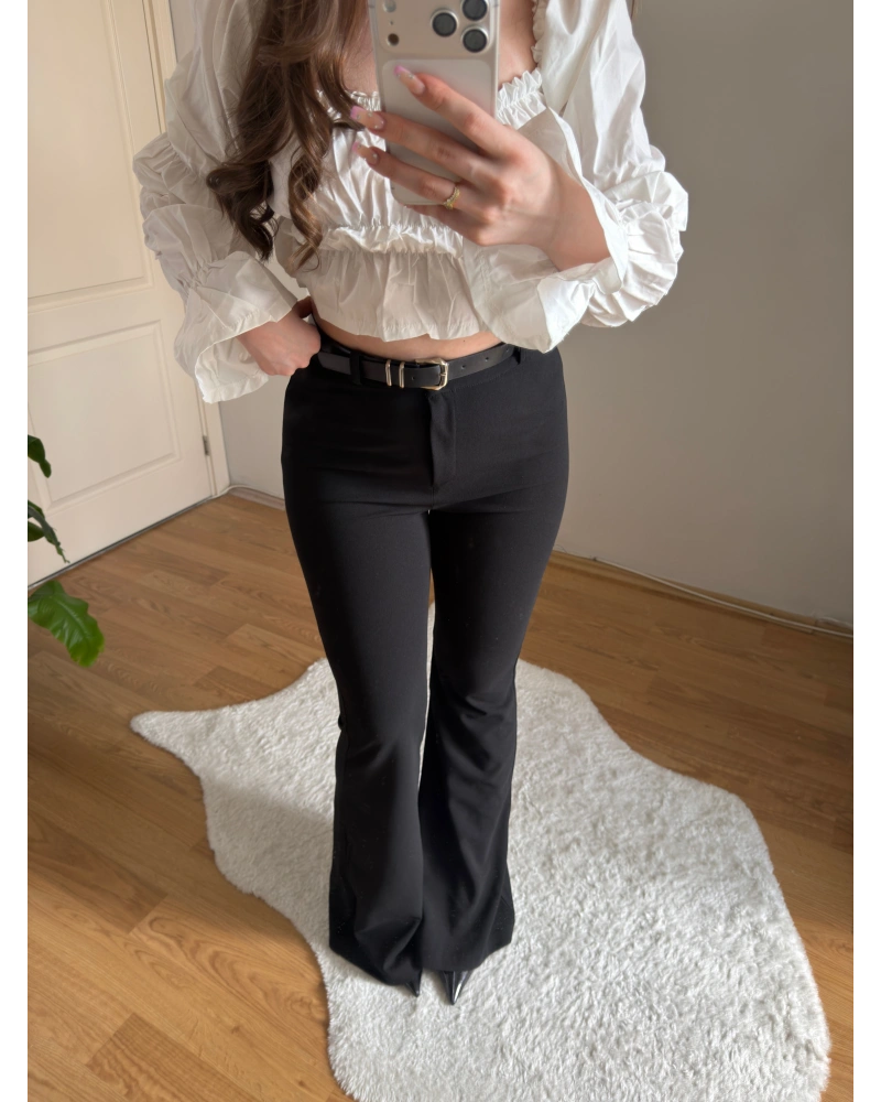 Kemerli Siyah İspanyol Paça Pantolon