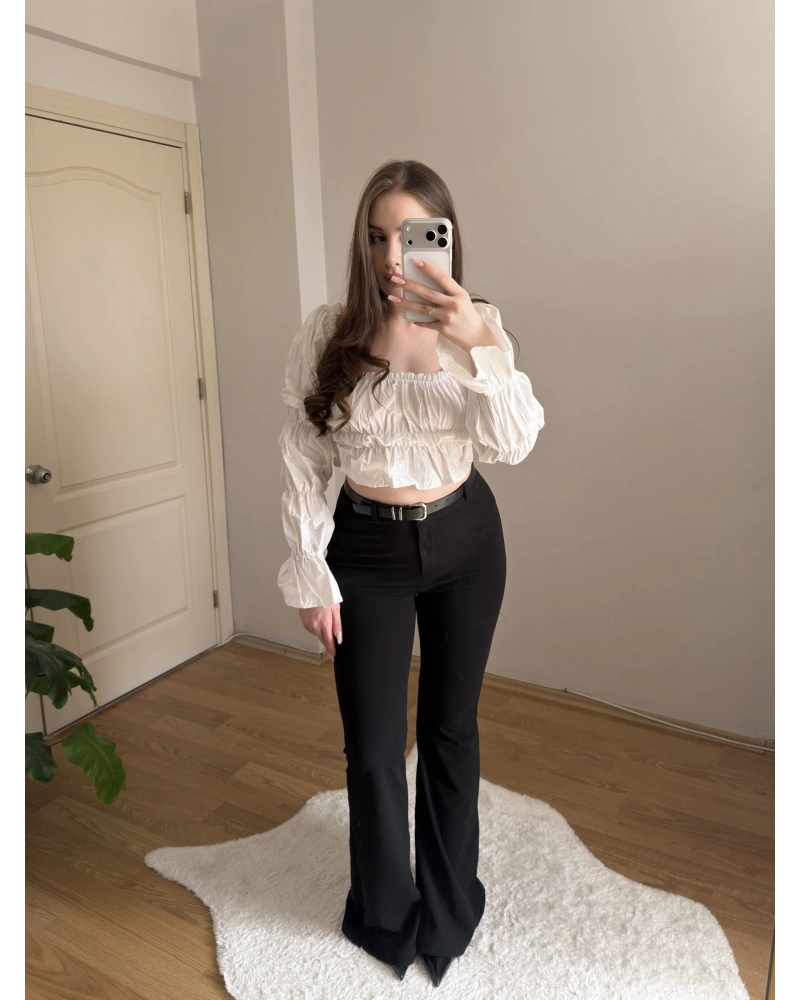 Kemerli Siyah İspanyol Paça Pantolon