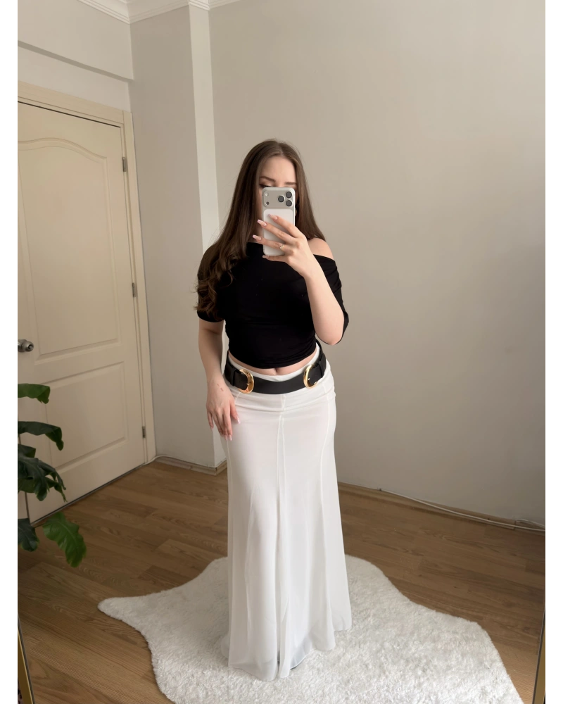 Kemerli Maksi Boy Beyaz Şifon Etek
