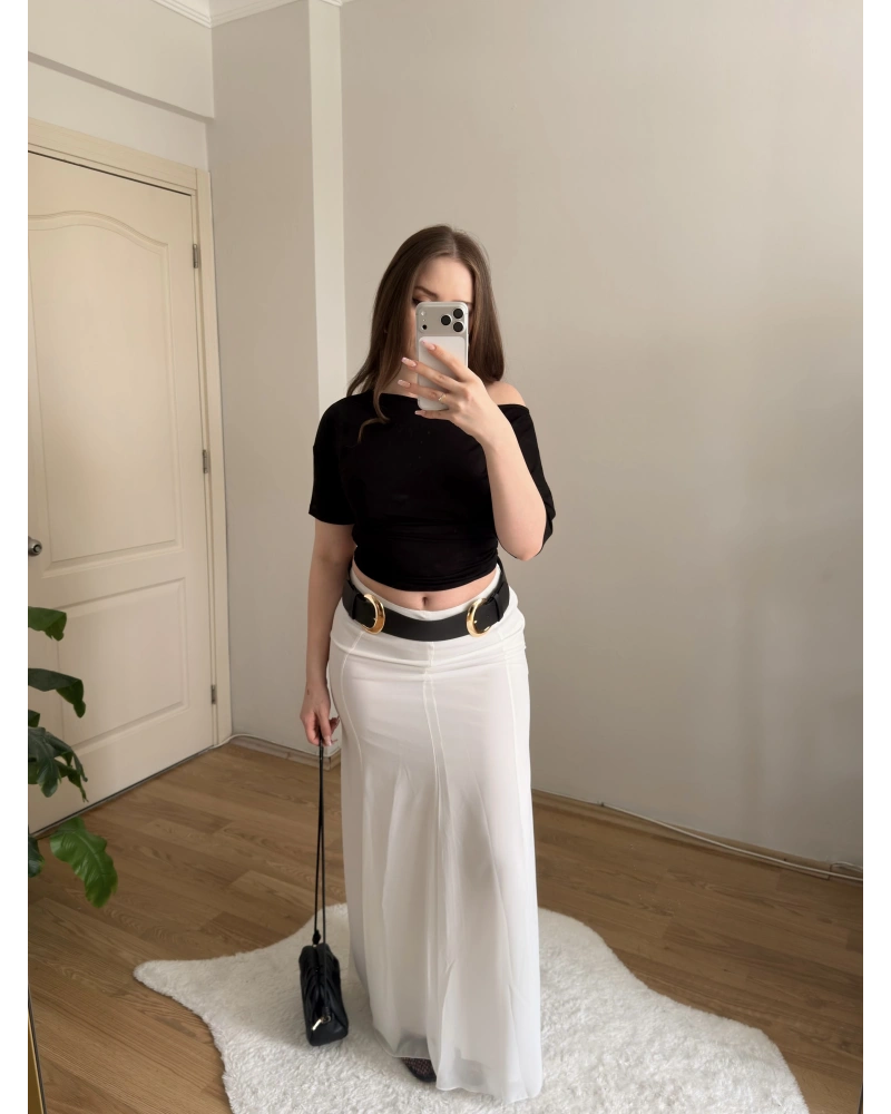 Kemerli Maksi Boy Beyaz Şifon Etek