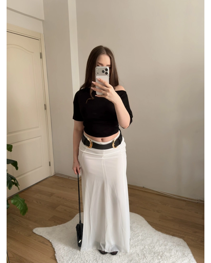 Kemerli Maksi Boy Beyaz Şifon Etek