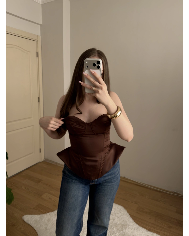 Bel Detaylı Saten Kahve Korse Büstiyer