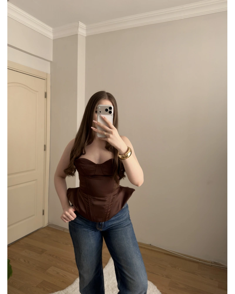 Bel Detaylı Saten Kahve Korse Büstiyer