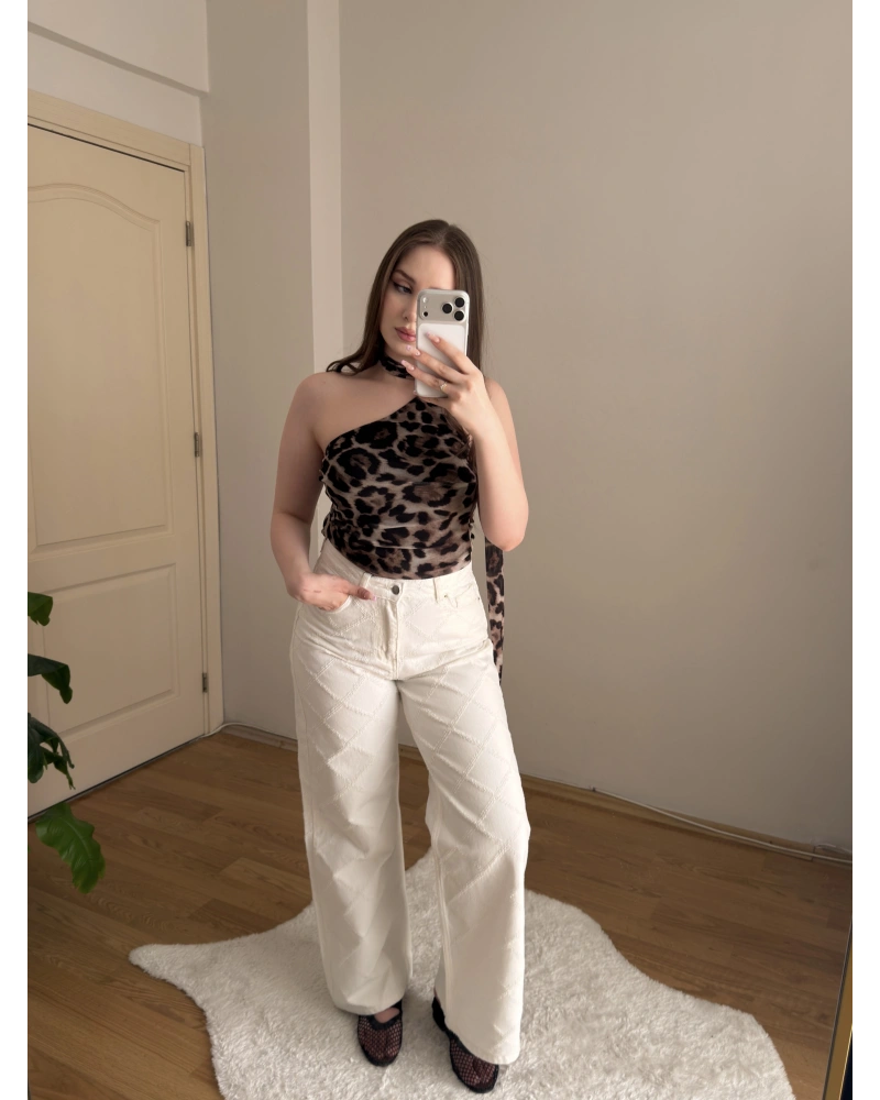 Leopar Desenli Fularlı Tül Bluz