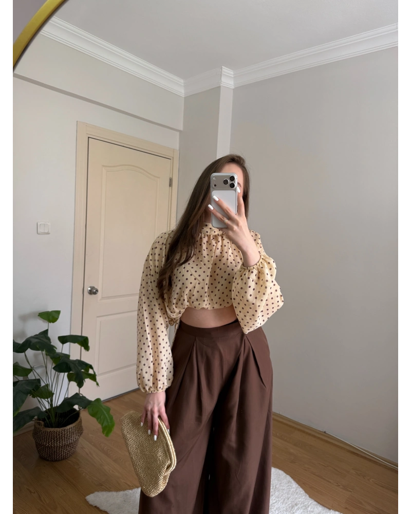 Kahve Puantiyeli Arkası Uzun Pastel Sarı Tül Bluz