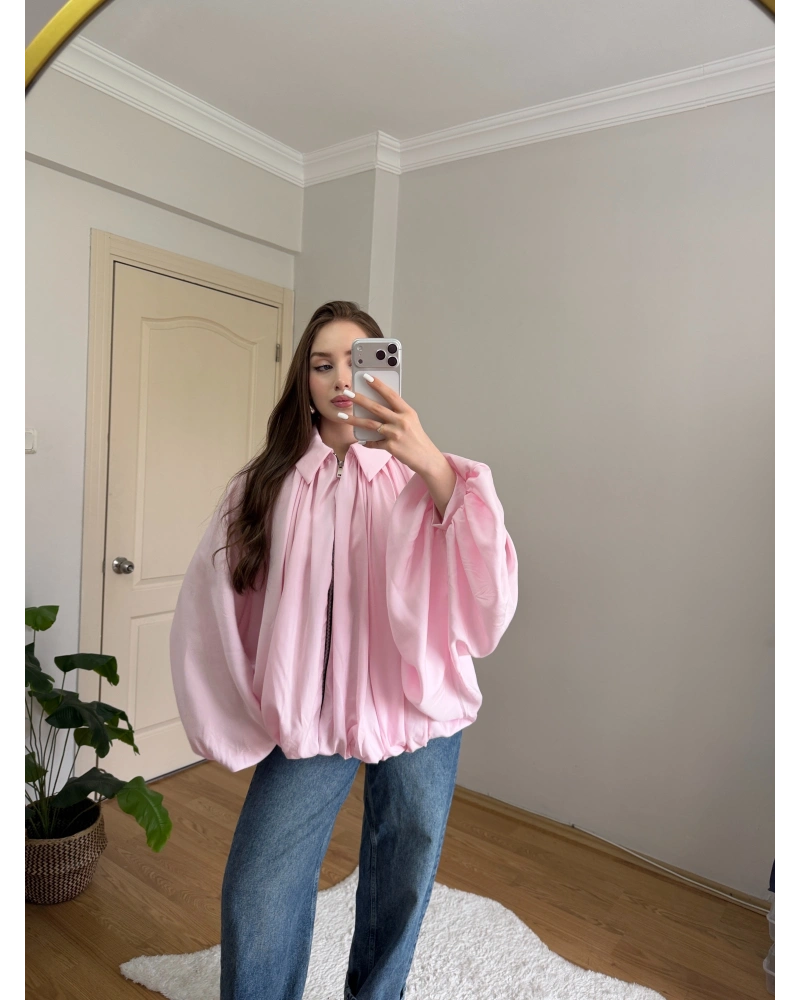 Pembe Balon Kol Büzgülü Bomber Ceket