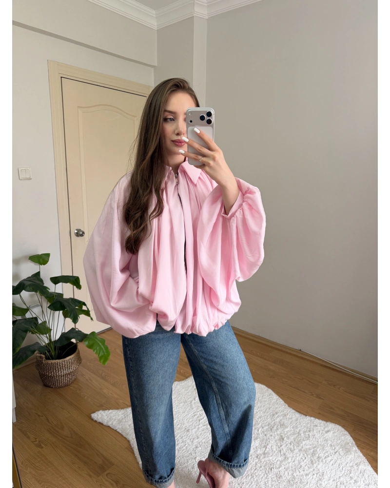 Pembe Balon Kol Büzgülü Bomber Ceket