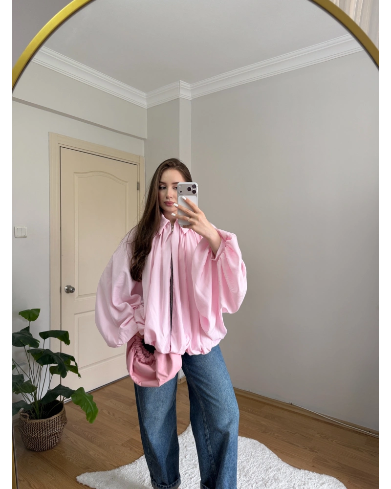Pembe Balon Kol Büzgülü Bomber Ceket