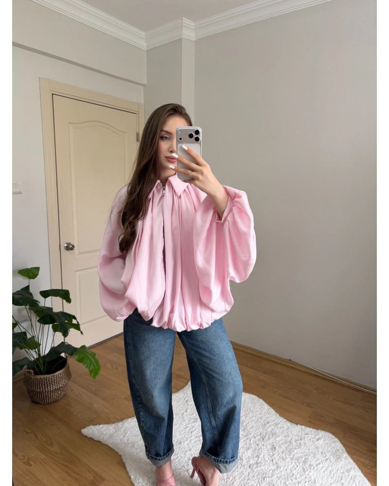 Pembe Balon Kol Büzgülü Bomber Ceket