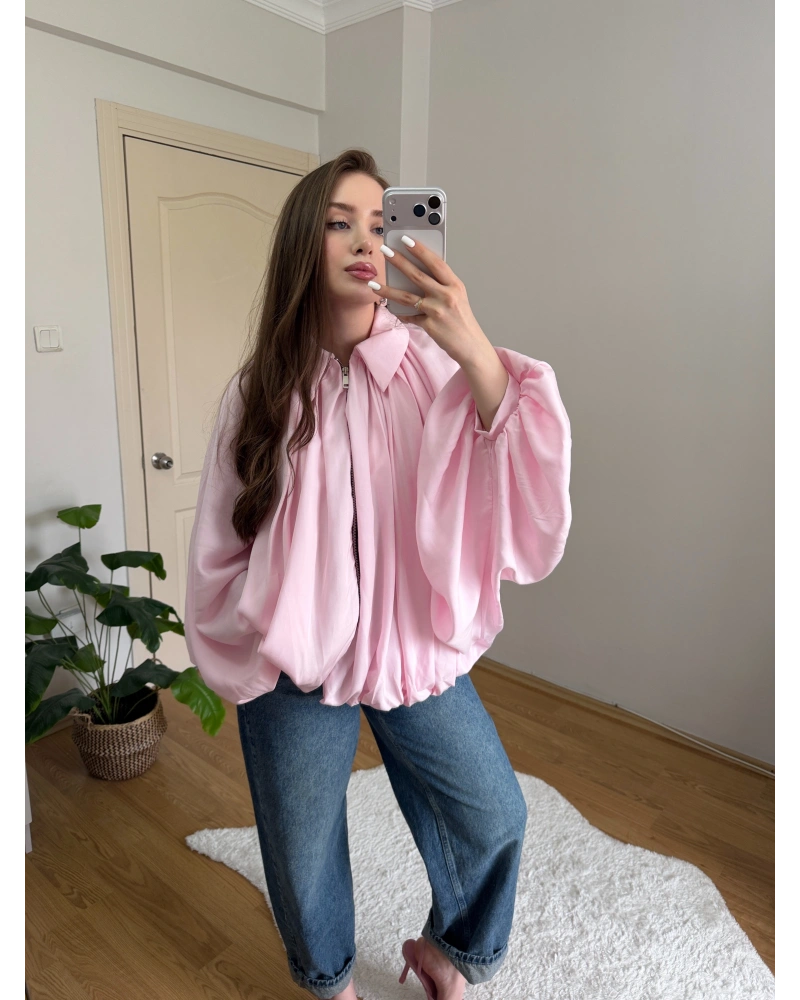 Pembe Balon Kol Büzgülü Bomber Ceket