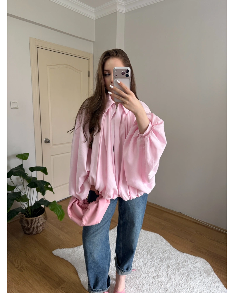Pembe Balon Kol Büzgülü Bomber Ceket