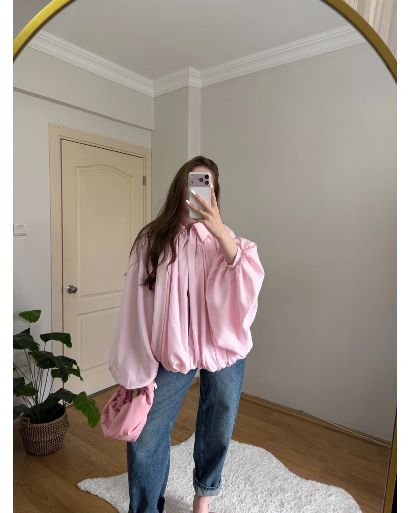 Pembe Balon Kol Büzgülü Bomber Ceket