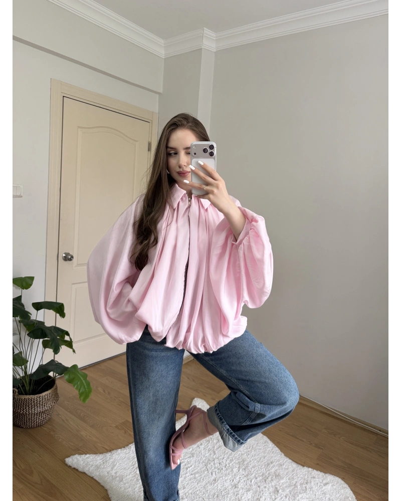 Pembe Balon Kol Büzgülü Bomber Ceket