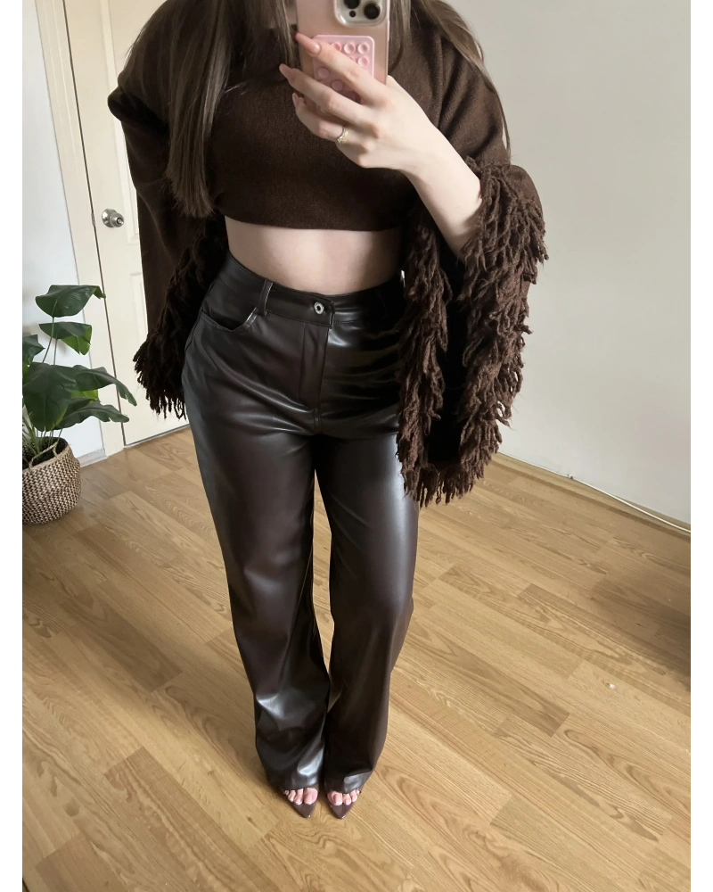 Acı Kahve Deri Palazzo Pantolon