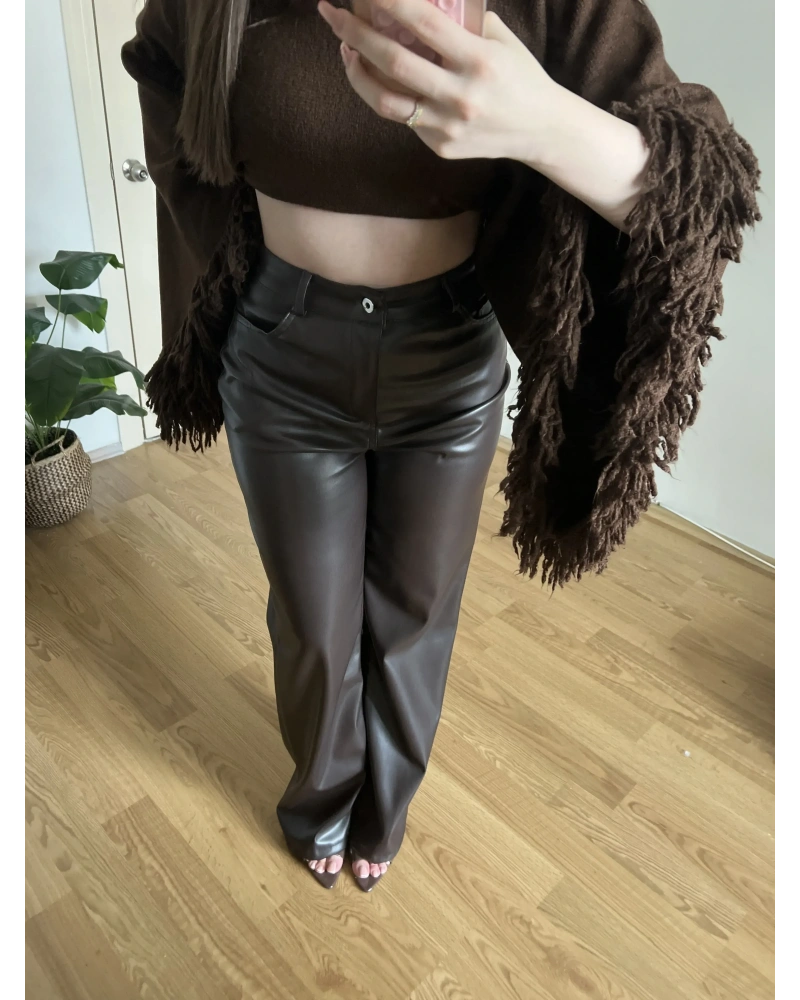 Acı Kahve Deri Palazzo Pantolon