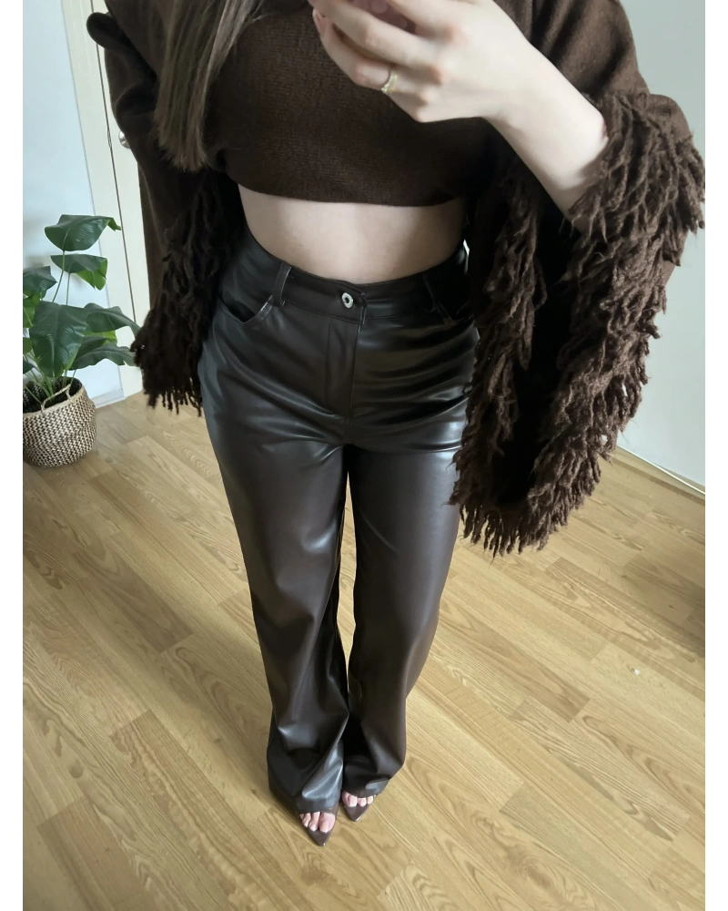 Acı Kahve Deri Palazzo Pantolon