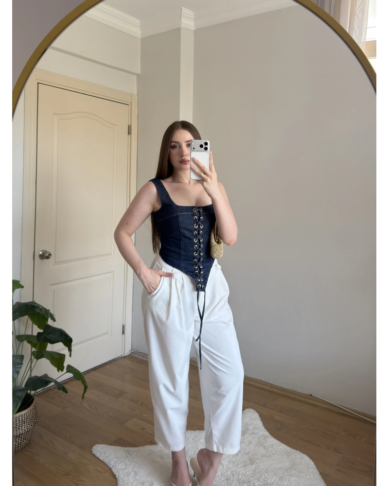 Askılı Denim Korse Bluz