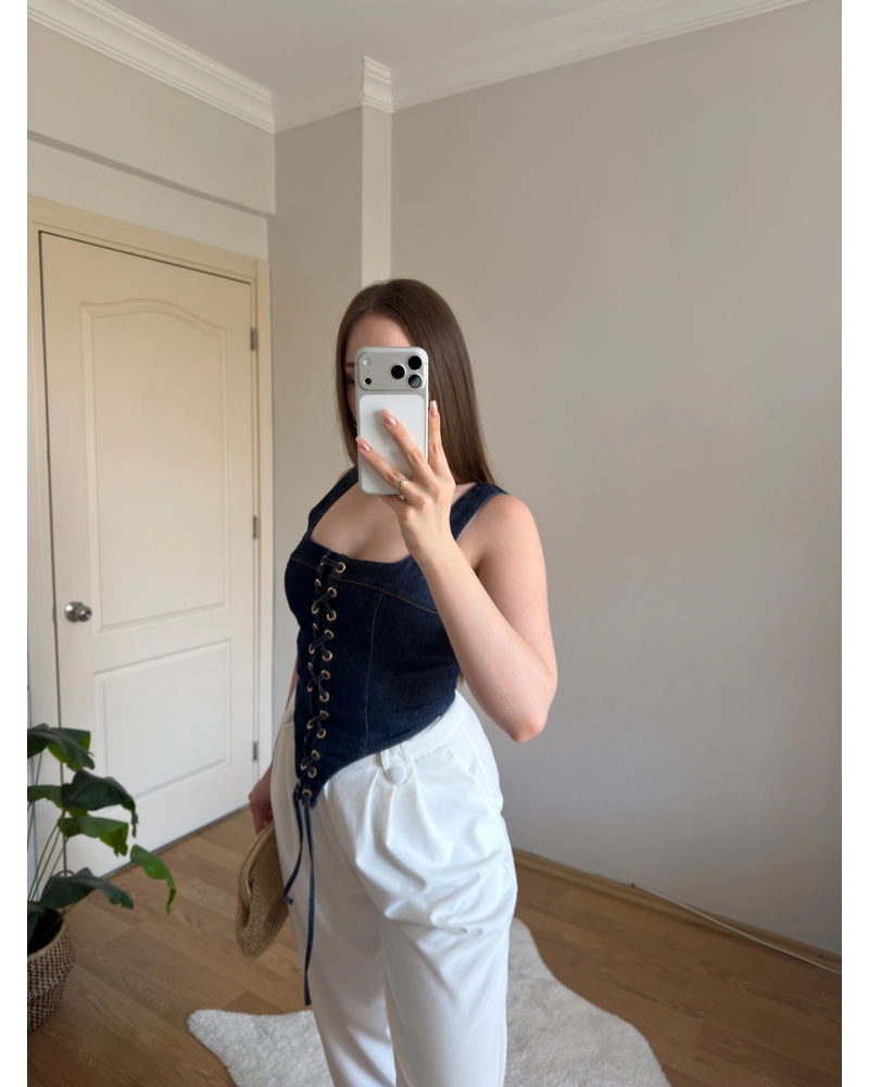 Askılı Denim Korse Bluz