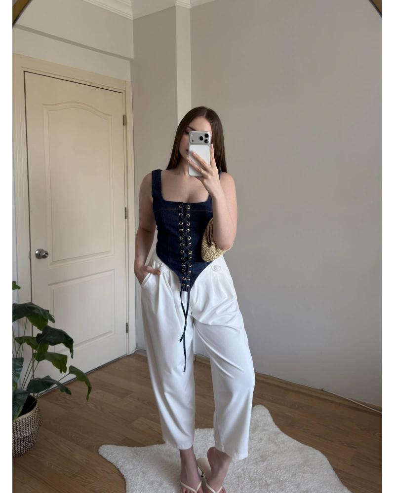 Askılı Denim Korse Bluz