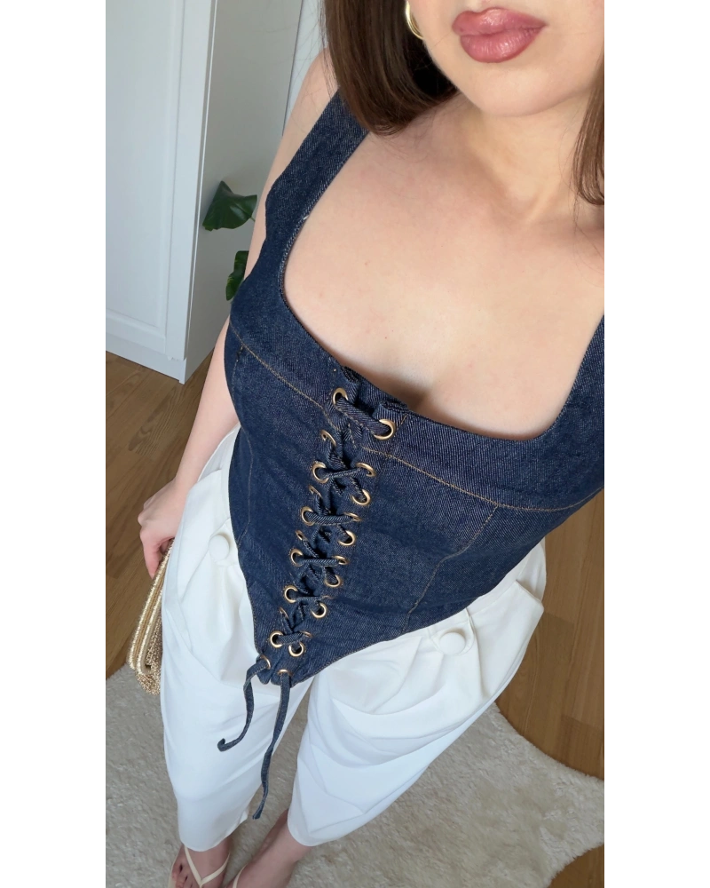 Askılı Denim Korse Bluz