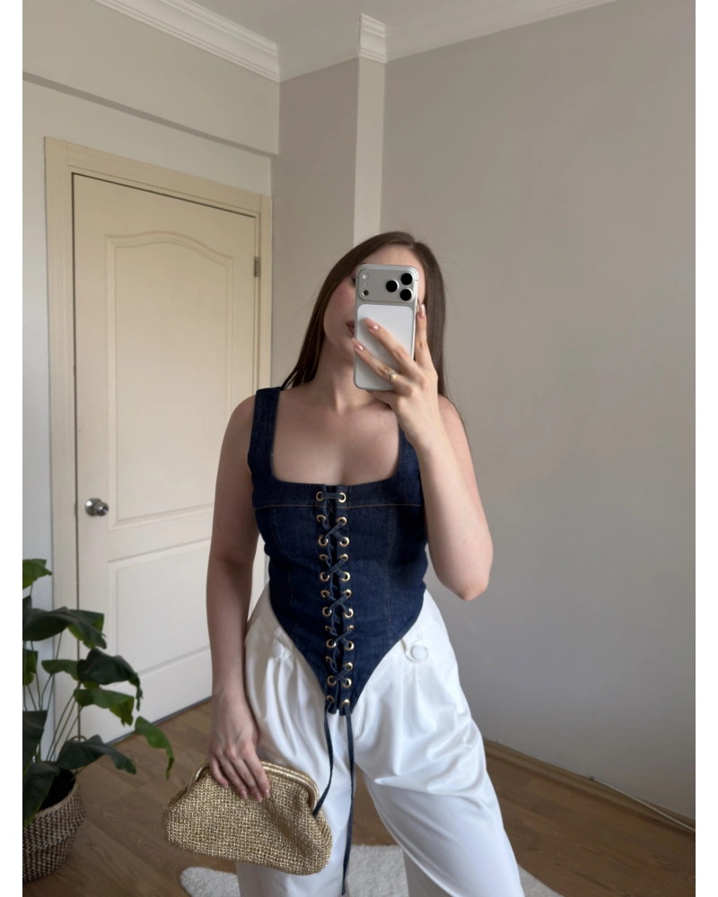 Askılı Denim Korse Bluz