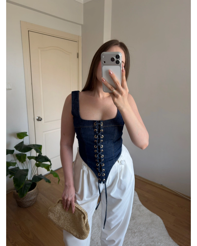 Askılı Denim Korse Bluz