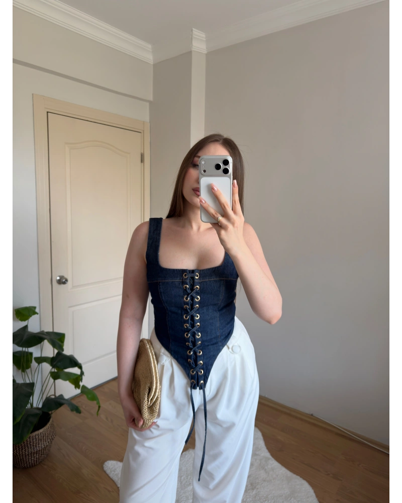 Askılı Denim Korse Bluz