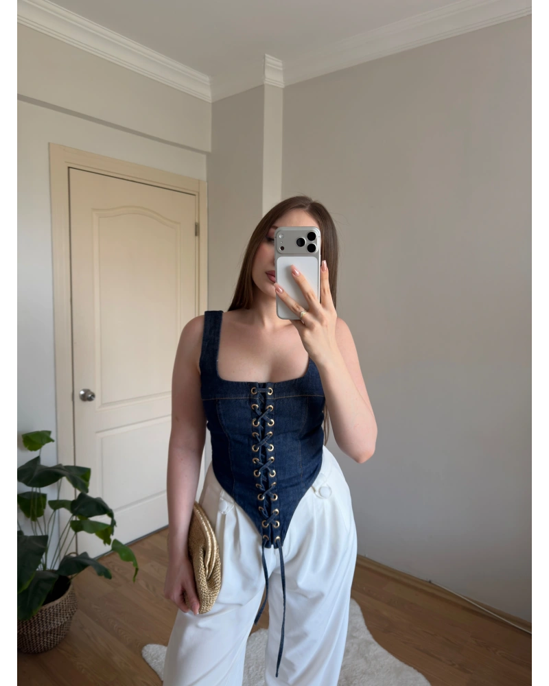 Askılı Denim Korse Bluz