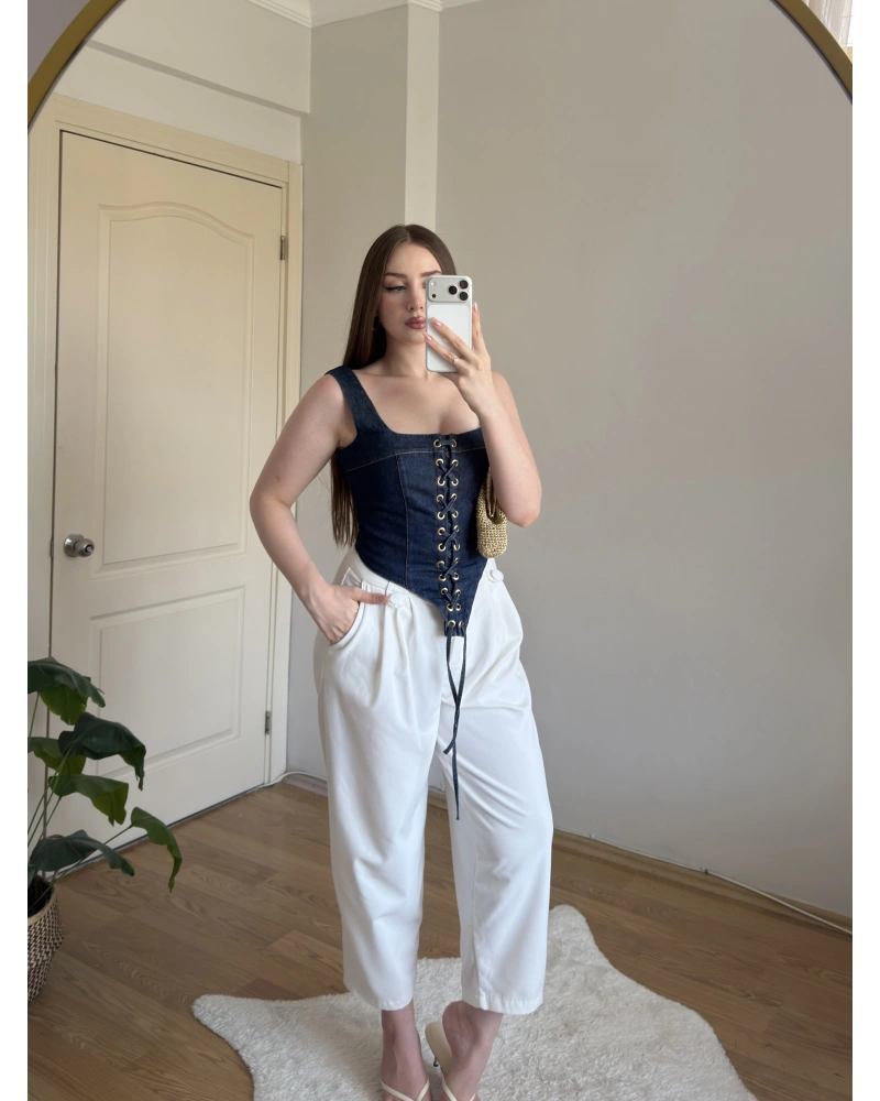 Askılı Denim Korse Bluz