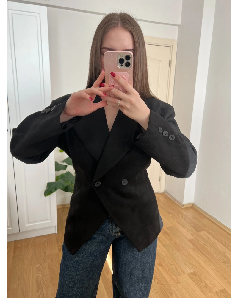 Belden Oturtmalı Siyah Süet Blazer