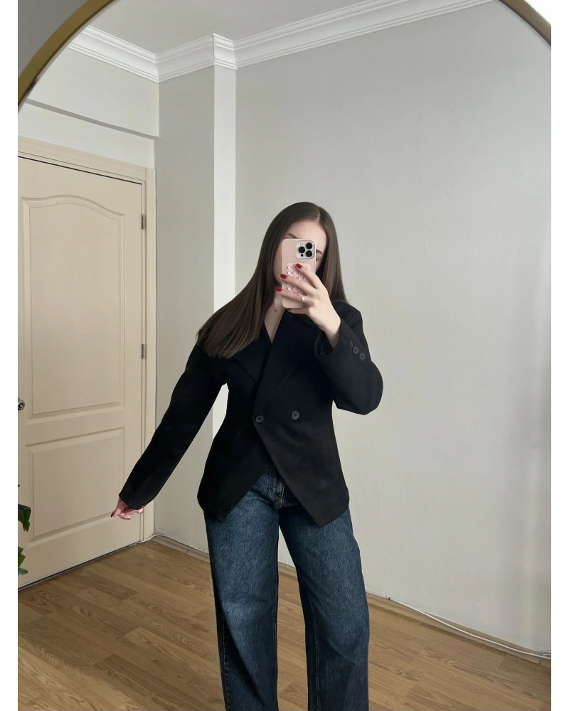 Belden Oturtmalı Siyah Süet Blazer
