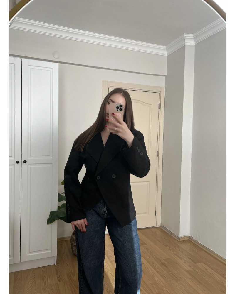 Belden Oturtmalı Siyah Süet Blazer