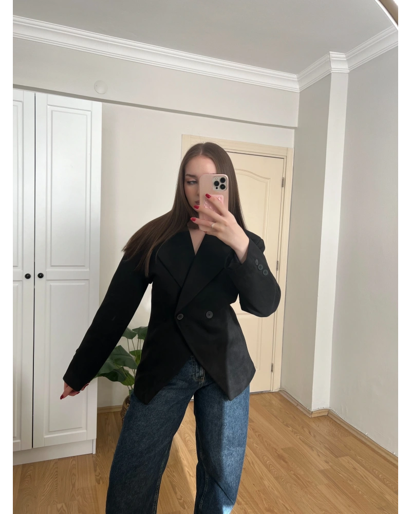 Belden Oturtmalı Siyah Süet Blazer