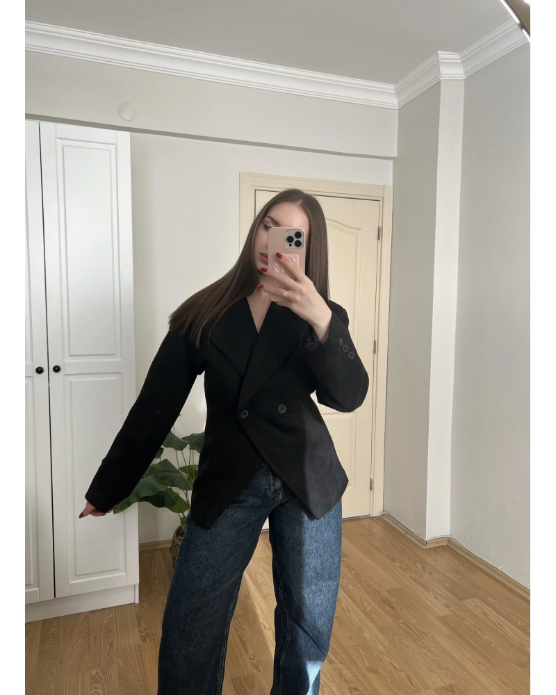 Belden Oturtmalı Siyah Süet Blazer