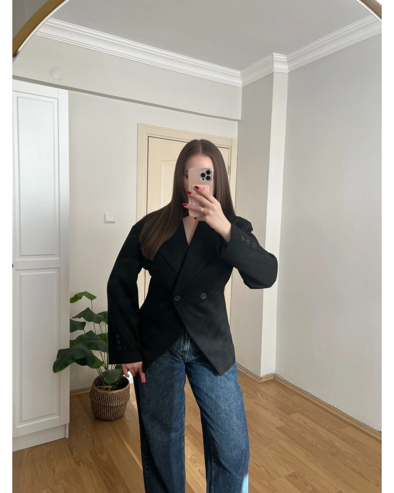 Belden Oturtmalı Siyah Süet Blazer