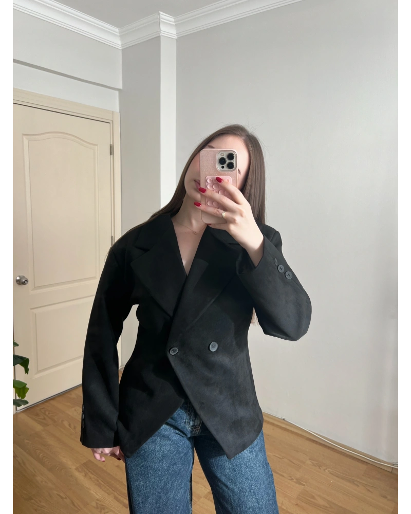 Belden Oturtmalı Siyah Süet Blazer