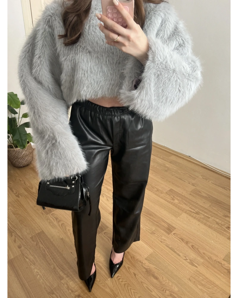 Beli İpli Siyah Deri Pantolon