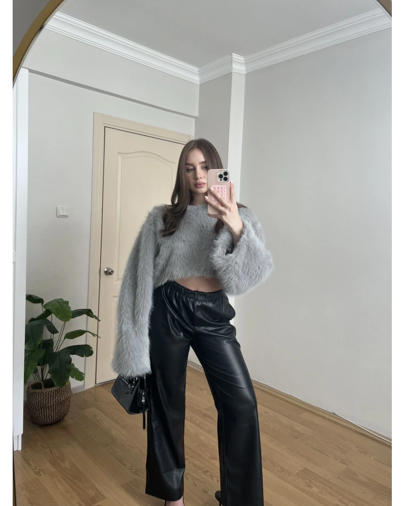 Beli İpli Siyah Deri Pantolon